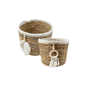 Straw Basket Collection with Tassel Details Beige & White