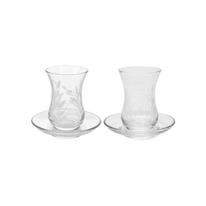 Viena Elegant Glass Leaf Pattern 3pcs Tea Cups & Saucer Set 120ml