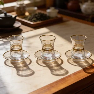 Viena Glass Gold Rim 3pcs Tea Cups & Saucer Set 120ml1