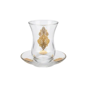 Viena Glass Ottoman Gold Motif Design 3pcs Tea Cups & Saucer Set 120ml
