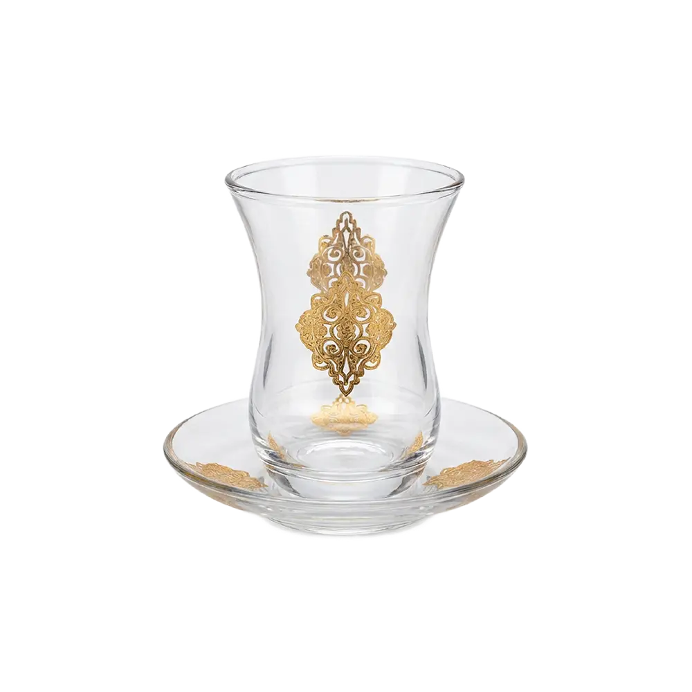 Viena Glass Ottoman Gold Motif Design 3pcs Tea Cups & Saucer Set 120ml