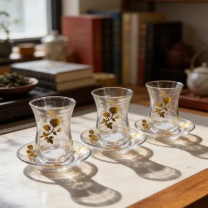 Viena Golden Glass Rose Design 3pcs Tea Cups & Saucer Set 120ml1