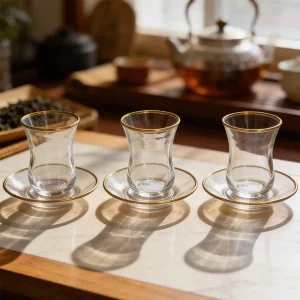 Viena Luxury Glass Gold Rim 3pcs Tea Cups & Saucer Set 120ml1