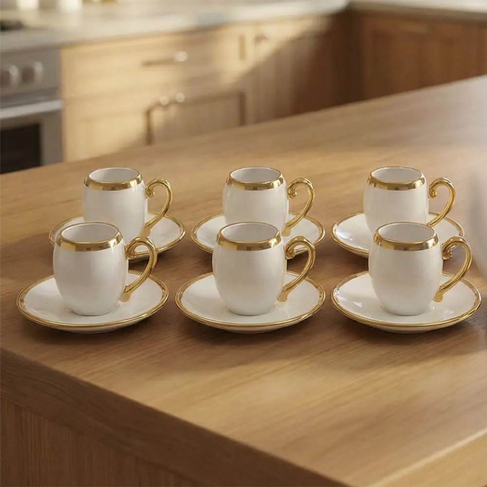 White & Gold Coffee Cups Set with Saucers Luxury Gold Rim Design 12 Pieces Professional Drinkware in lebanon1