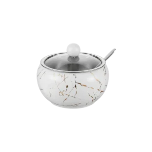 White Marble Style Stainless Steel 300ml Sugar Bowl with Lid & Spoon