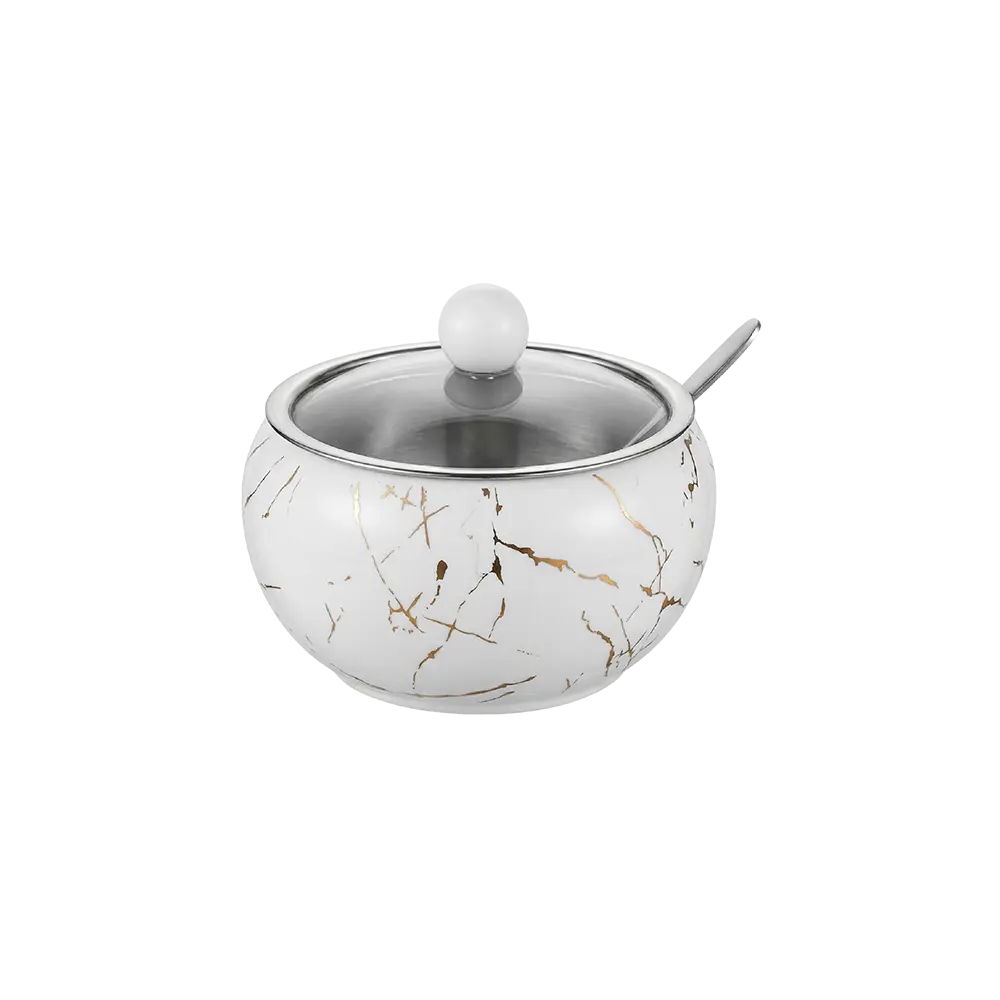 White Marble Style Stainless Steel 300ml Sugar Bowl with Lid & Spoon