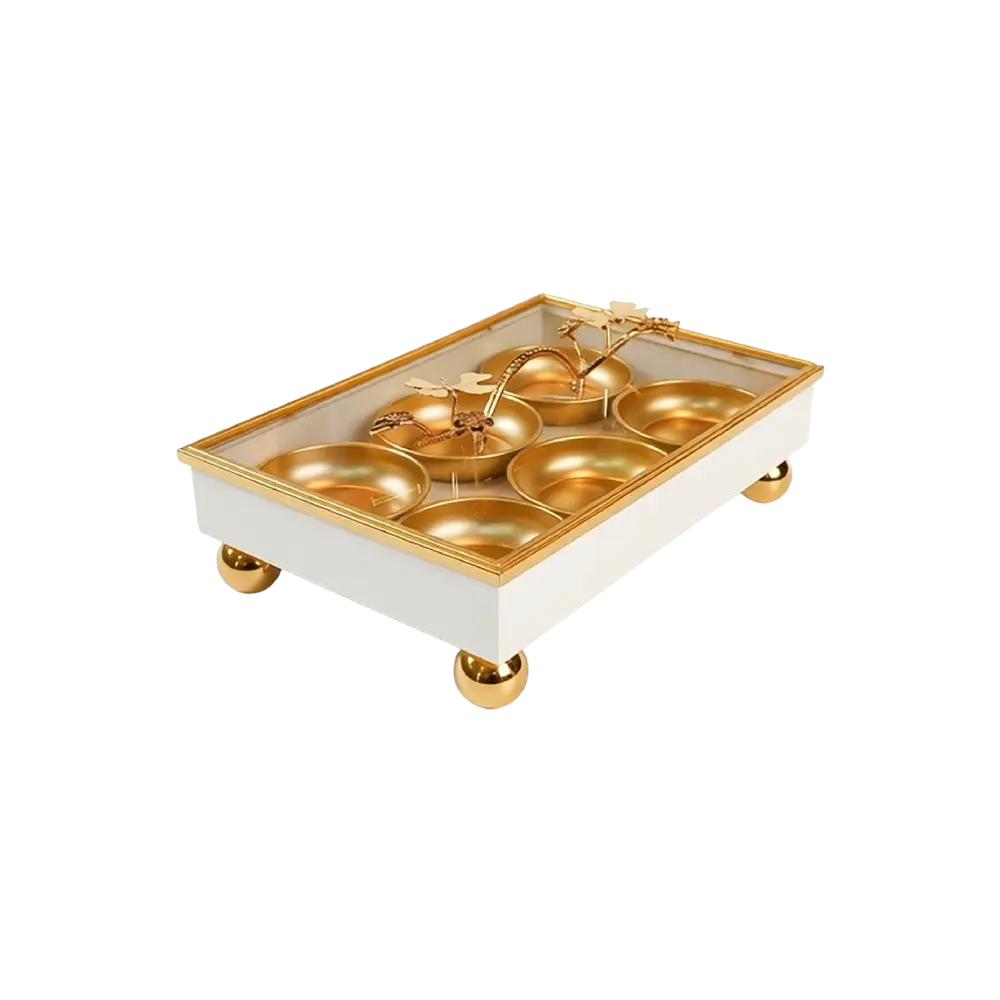 White Metal Serving Tray with 6 Gold Bowls