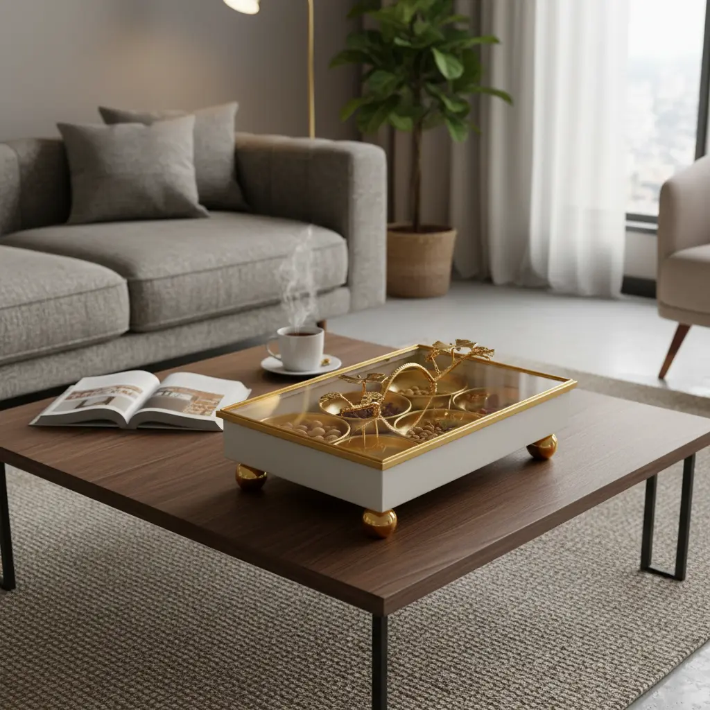 White Metal Serving Tray with 6 Gold Bowls1