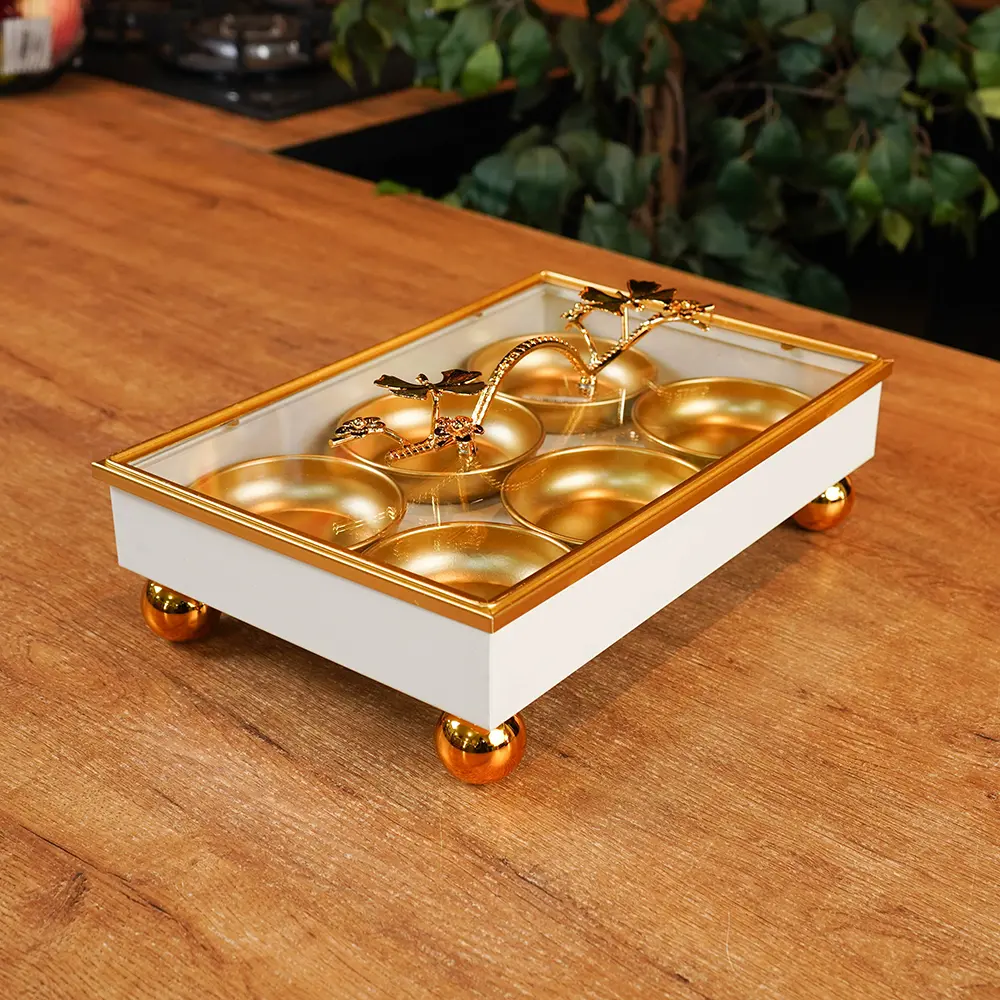 White Metal Serving Tray with 6 Gold Bowls2