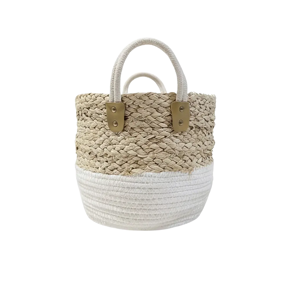 White & Natural Straw Basket 28×30 cm with Dual Handles
