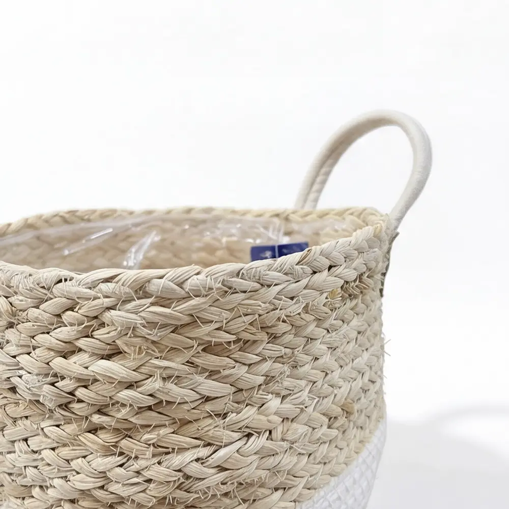 White & Natural Straw Basket 28×30 cm with Dual Handles1