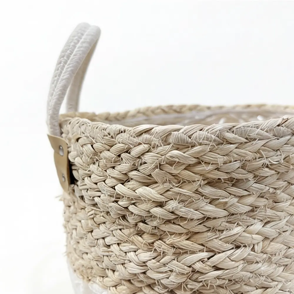 White & Natural Straw Basket 28×30 cm with Dual Handles2