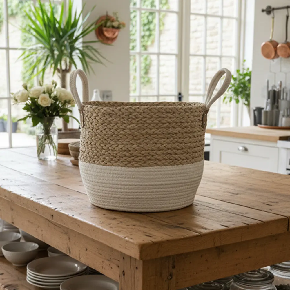 White & Natural Straw Basket 28×30 cm with Dual Handles3