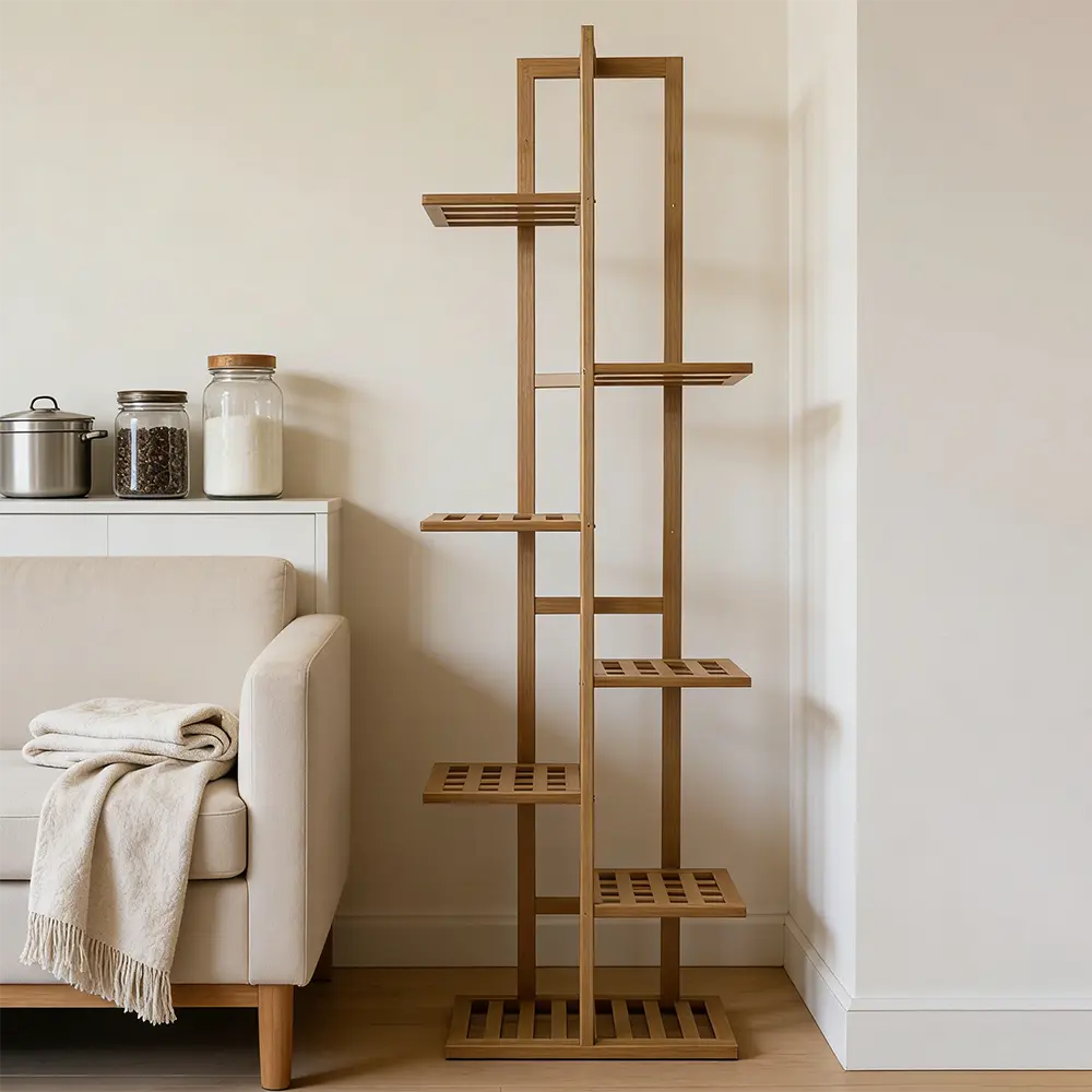 Wooden 6 Tier Stand 143x40 cm Modern Vertical Corner Design1