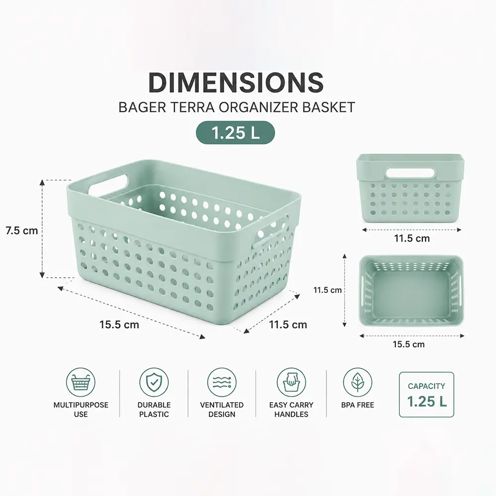 Bager-Terra-1.25L-Ventilated-Multipurpose-15.5-x-11.5-x-7.5-cm-Organizer-Basket-BG-6391 Bager Terra 1.25L Ventilated Multipurpose 15.5 x 11.5 x 7.5 cm Organizer Basket BG