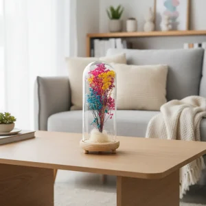 Decorative Dried Flower Glass Dome Wooden Base Multicolor Elegant Home Décor1
