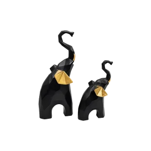 Geometric Elephant Figurine Set Modern Resin Home Decor Black & Gold 2 Pieces