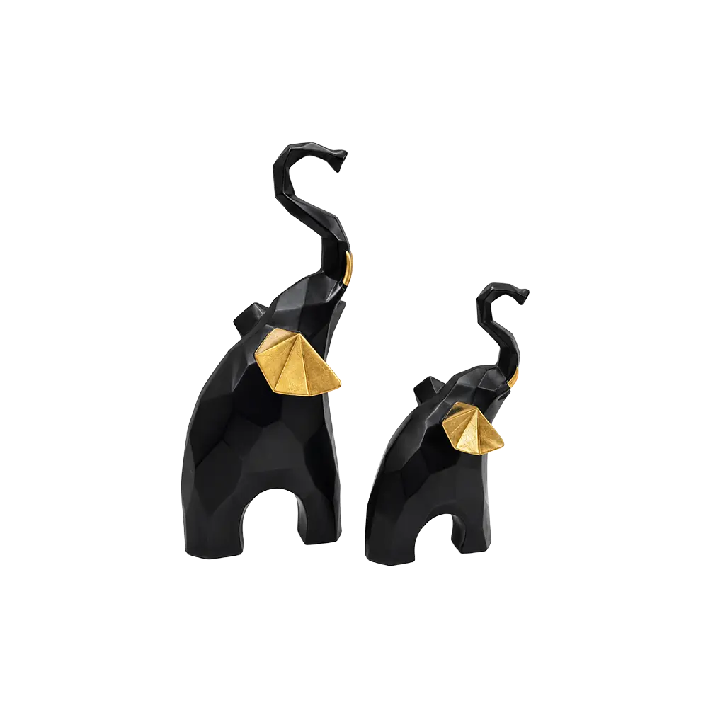 Geometric Elephant Figurine Set Modern Resin Home Decor Black & Gold 2 Pieces