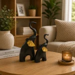Geometric Elephant Figurine Set Modern Resin Home Decor Black & Gold 2 Pieces1