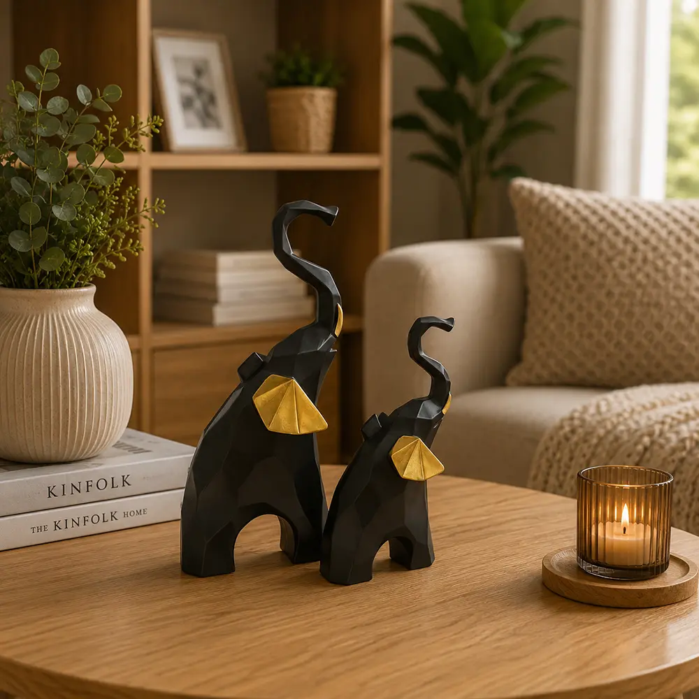 Geometric Elephant Figurine Set Modern Resin Home Decor Black & Gold 2 Pieces1