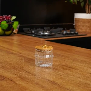 Glass Storage Jar Airtight Bamboo Lid 350ml Gold Handle Transparent Professional Storageware in Lebanon1