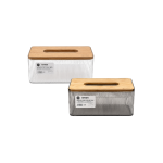 Limon Wood Top Tissue Box Ribbed Transparent Body Standard Size Rectangular Model Clear & Smoke Grey