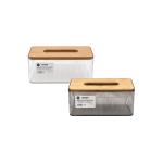 Limon Wood Top Tissue Box Ribbed Transparent Body Standard Size Rectangular Model Clear & Smoke Grey