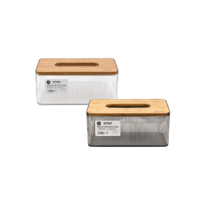 Limon Wood Top Tissue Box Ribbed Transparent Body Standard Size Rectangular Model Clear & Smoke Grey