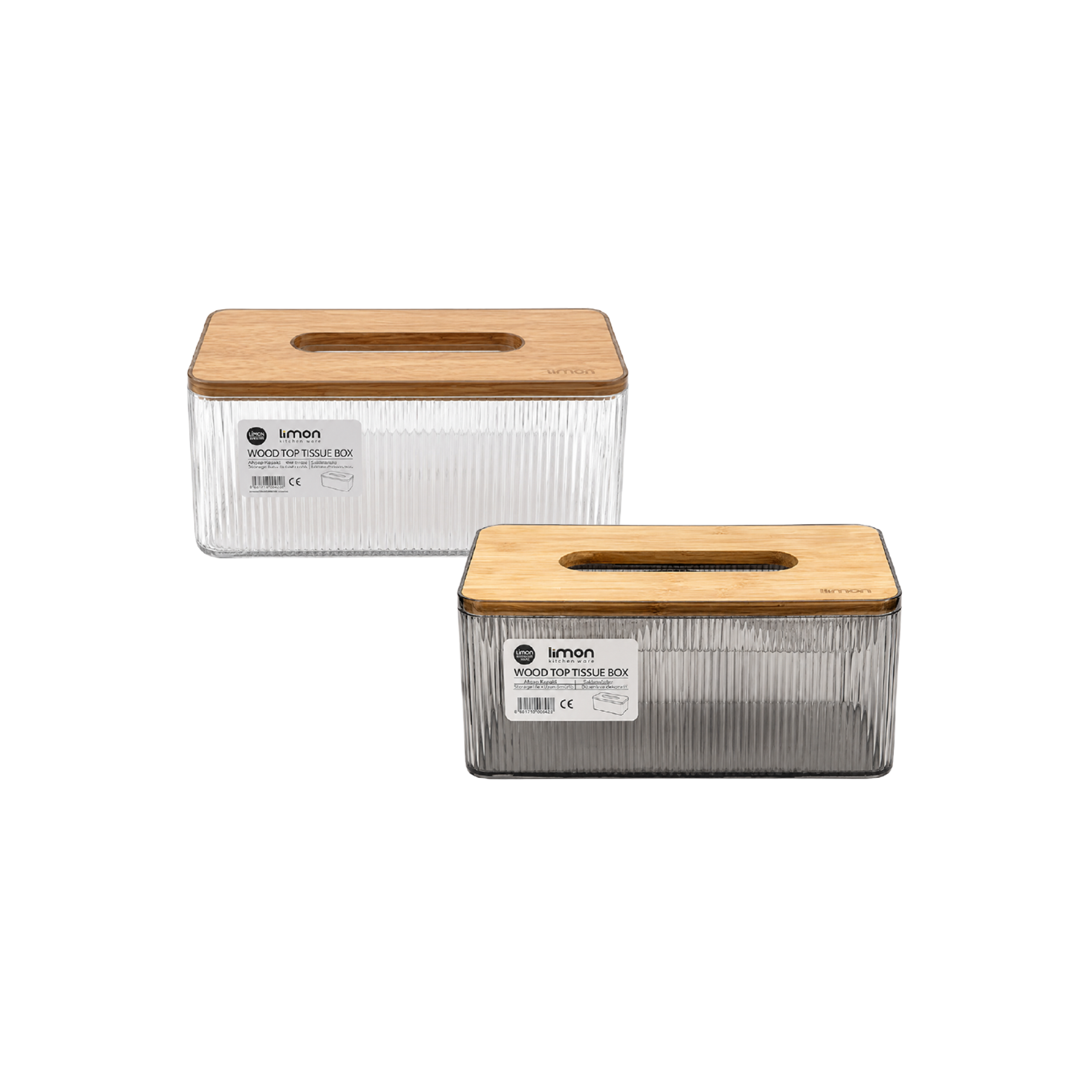 Limon Wood Top Tissue Box Ribbed Transparent Body Standard Size Rectangular Model Clear & Smoke Grey