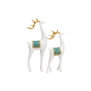 Luxury Deer Figurine Set Resin Home Decor 2 Pieces White Gold & Blue