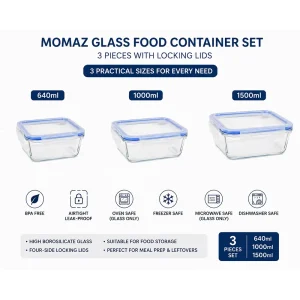 MOMAZ 3 Pcs Airtight Rectangular Glass Food Container Set with Locking Lids 640 ml + 1000 ml + 1500 ml1