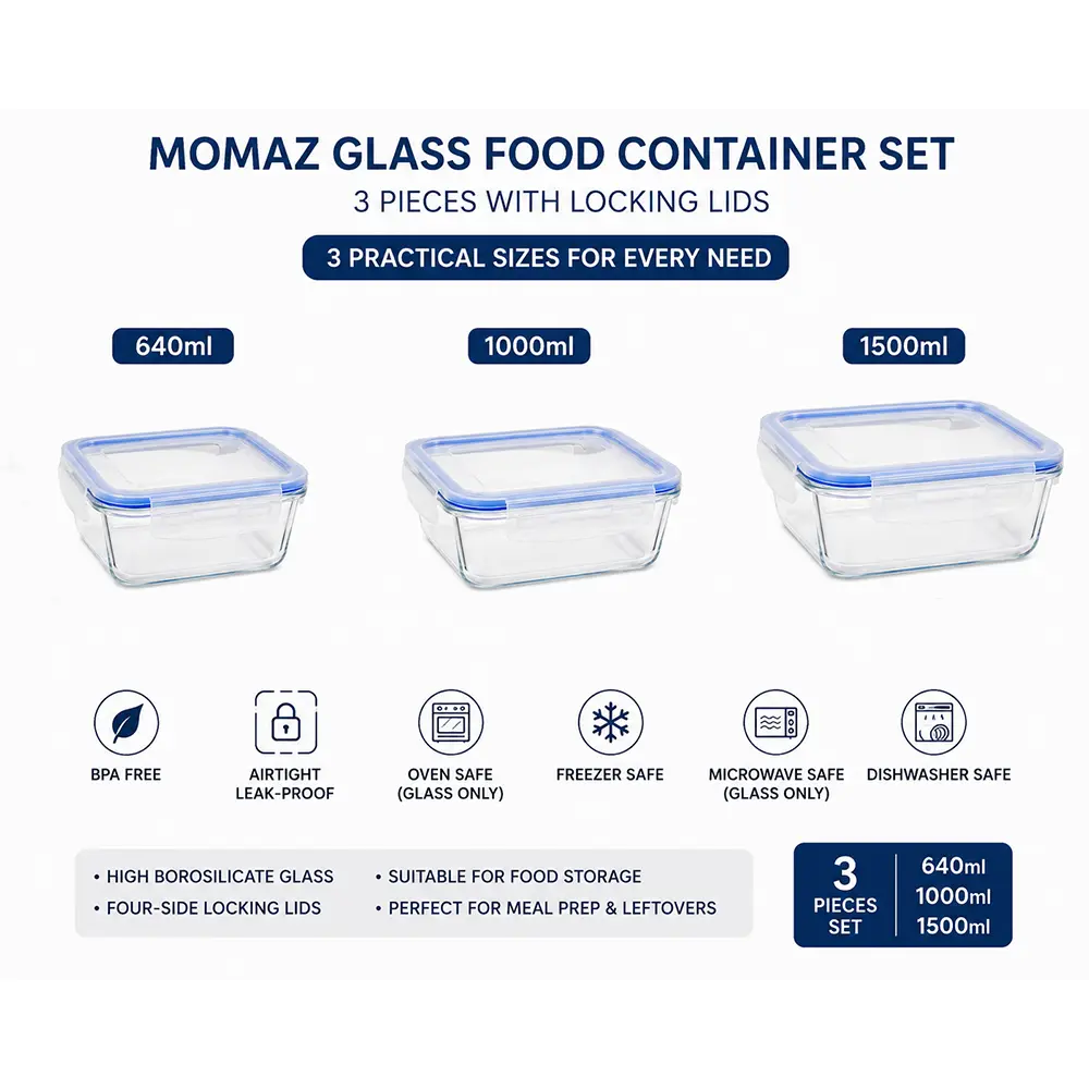 MOMAZ 3 Pcs Airtight Rectangular Glass Food Container Set with Locking Lids 640 ml + 1000 ml + 1500 ml1