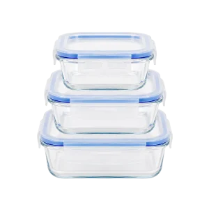 MOMAZ 3pcs Airtight Square Glass Food Container Set with Locking Lids 520 ml + 800 ml + 1200 ml