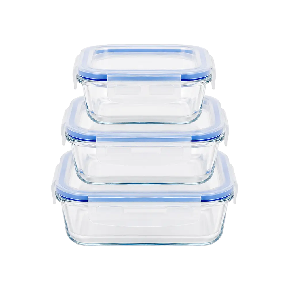 MOMAZ 3pcs Airtight Square Glass Food Container Set with Locking Lids 520 ml + 800 ml + 1200 ml