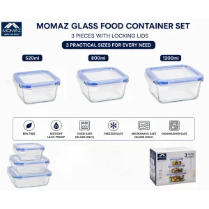 MOMAZ 3pcs Airtight Square Glass Food Container Set with Locking Lids 520 ml + 800 ml + 1200 ml1