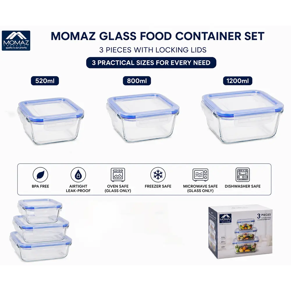 MOMAZ 3pcs Airtight Square Glass Food Container Set with Locking Lids 520 ml + 800 ml + 1200 ml1