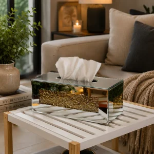 Mirrored Glass Tissue Box Gold Crystal Accent Standard Size Rectangular Model Silver & Gold1