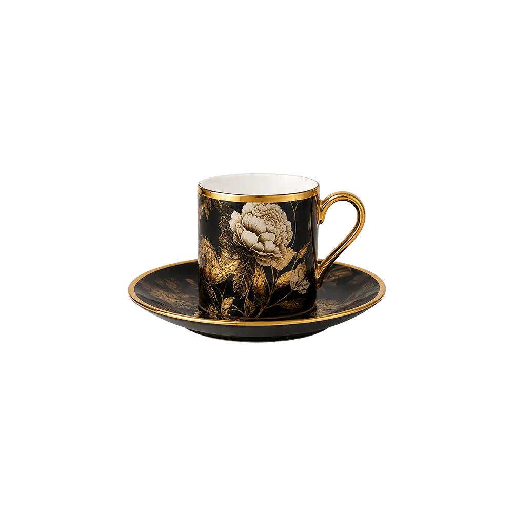 Momaz Porcelain 6pcs Black Coffee Cup & Saucer Set with Gold Floral Professional Drinkware in Lebanon