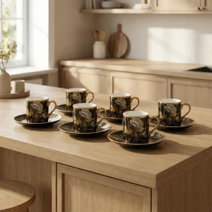 Momaz Porcelain 6pcs Black Coffee Cup & Saucer Set with Gold Floral Professional Drinkware in Lebanon1