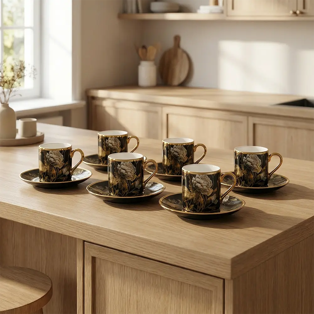 Momaz Porcelain 6pcs Black Coffee Cup & Saucer Set with Gold Floral Professional Drinkware in Lebanon1