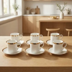 Momaz Porcelain 6pcs White Coffee Cup & Saucer Set with Golden Rim Professional Drinkware in Lebanon1