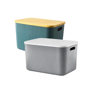 Ribbed Storage Box with Lid & Side Handles Large Rectangular Organizer Teal Yellow & Grey White