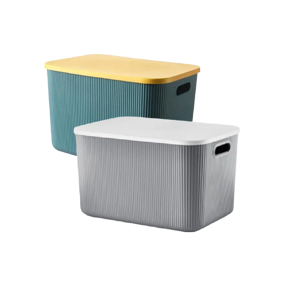 Ribbed Storage Box with Lid & Side Handles Large Rectangular Organizer Teal Yellow & Grey White