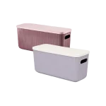 Slim Ribbed Storage Box with Lid & Side Handles Space Saving Rectangular Design Pink & Taupe Grey