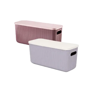 Slim Ribbed Storage Box with Lid & Side Handles Space Saving Rectangular Design Pink & Taupe Grey