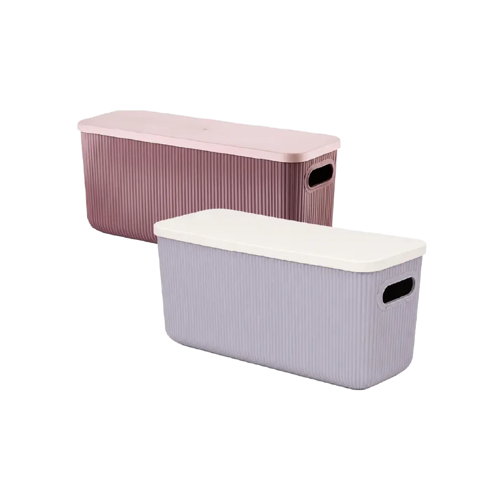 Slim Ribbed Storage Box with Lid & Side Handles Space Saving Rectangular Design Pink & Taupe Grey