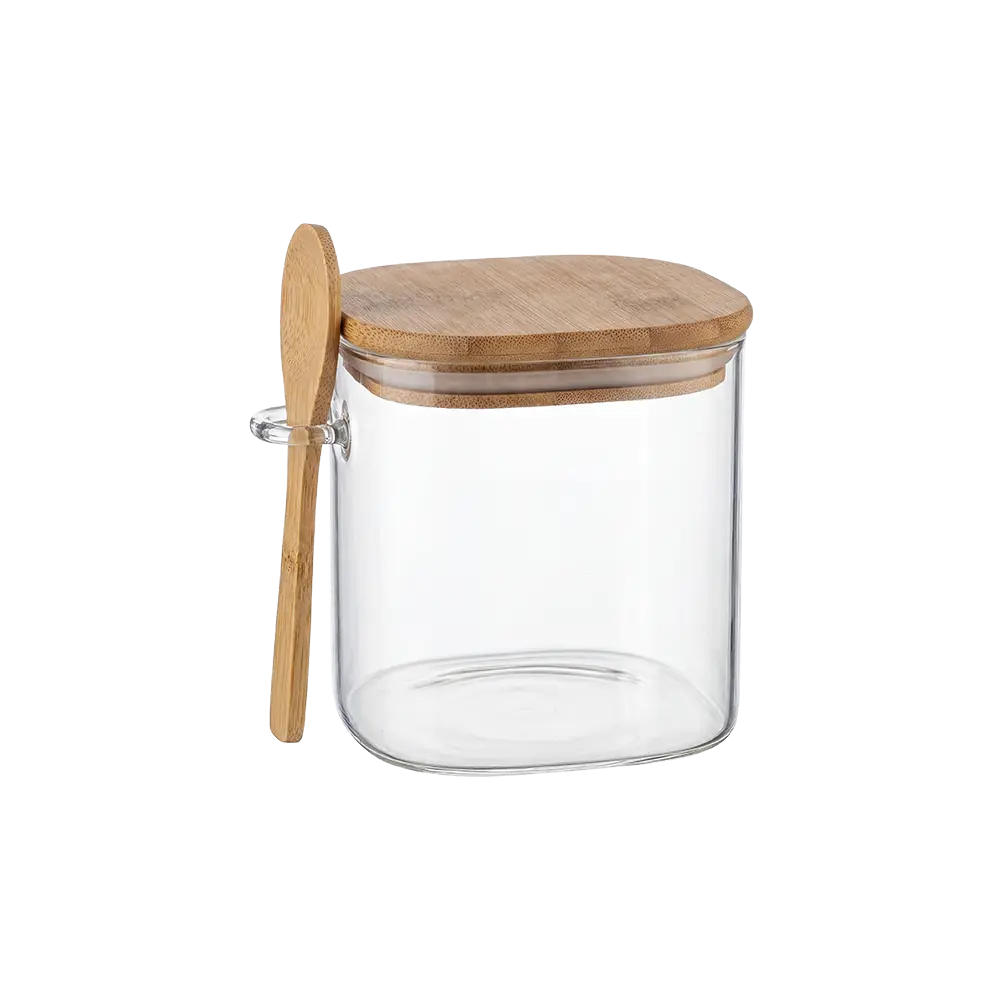 Squared Glass Storage Jar Airtight Bamboo Lid 650ml with Spoon Professional Storageware in Lebanon