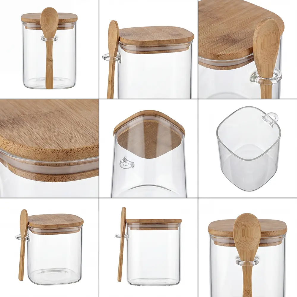 Squared Glass Storage Jar Airtight Bamboo Lid 650ml with Spoon Professional Storageware in Lebanon2
