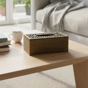 Wood Look Tissue Box Cover Geometric Cutout Design Standard Size Rectangular Model Dark Brown1