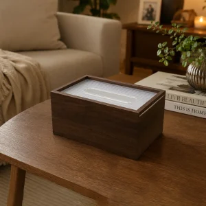 Wood Look Tissue Box Cover Transparent Ribbed Top Standard Size Rectangular Model Dark Brown1